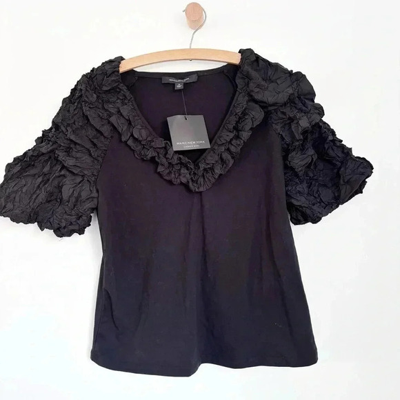 Marc New York, Andrew Marc, V Neck Black Blouse with Ruffled Neck and Sleeves - Picture 1 of 6